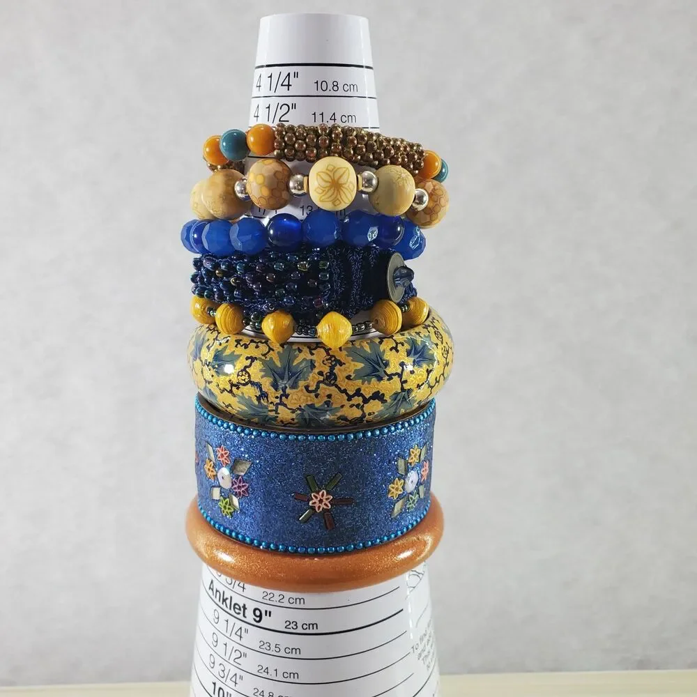 Bundle of Blue Orange Mustard Bracelets Elastic Cuff Bangles Mixed Viva Beads